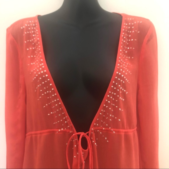 Just Jeans Sheer Orange Top Long Sleeve Deep V Neckline clear crystal detail - Picture 2 of 11